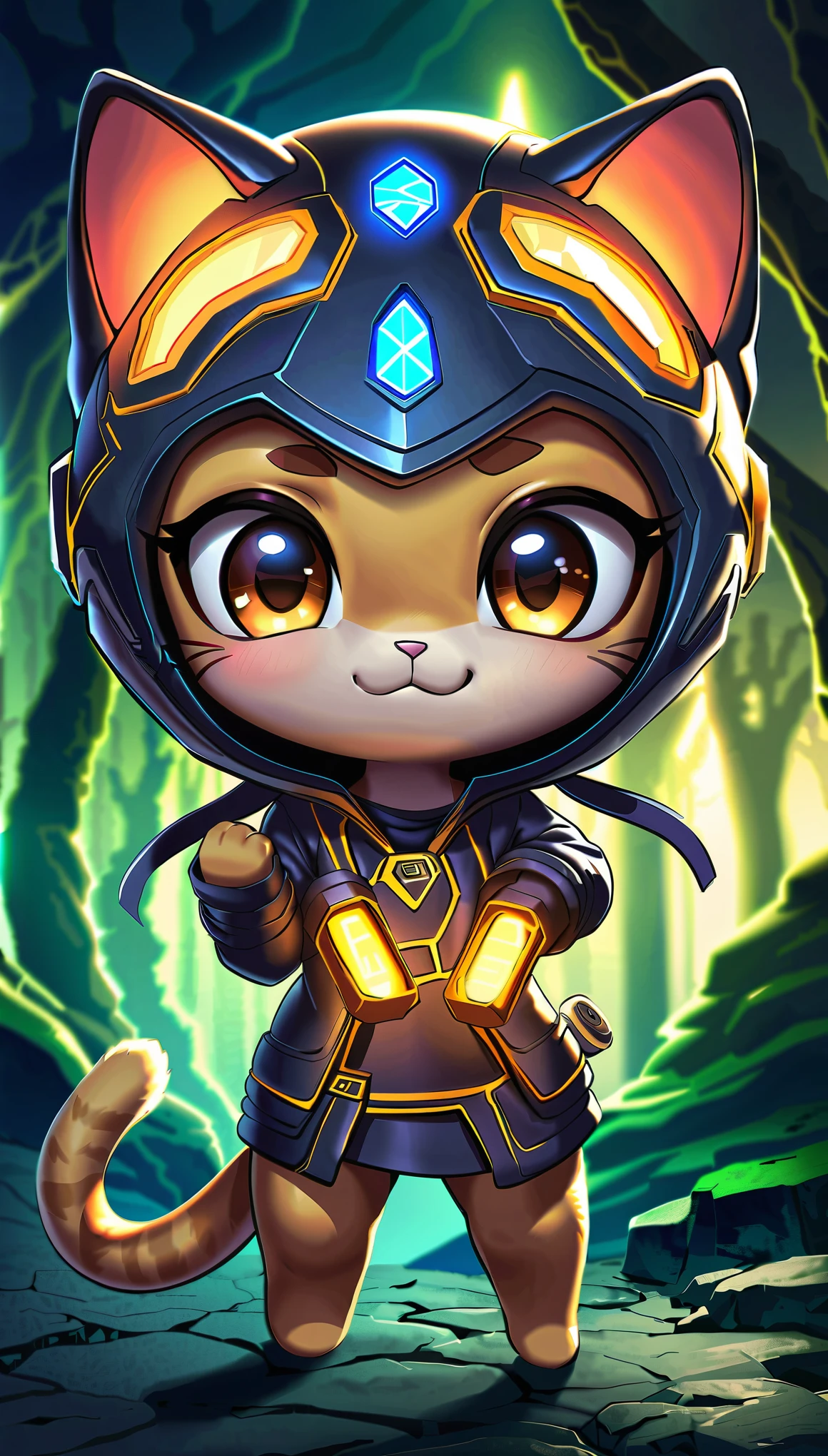 (highest quality, 4k, 8K, High resolution, masterpiece:1.2), Super detailed, Close-up of science fiction with a furry woman wearing a helmet, ((Ancient forest, rich light changes)), Very complex and detailed expression, Fusion of ancient ruins and science fiction, cat girl, cyberpunk fashion, high contrast, (((Expressing Chibi Kawaii:1.2))).