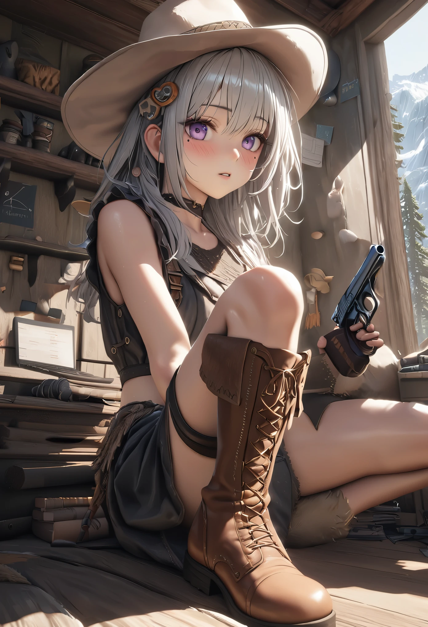 masterpiece,highest quality, Super detailed, High resolution, expensive resolution, HDR, 4k, 8K, unity 8k wallpaper, Super detailed CG, masterpiece, realistic, 2D, 3D, beautiful details, depth, fine texture , super fine: 1.3, Fully focused, Crispy.skin, .he,
Very cute anime girl 、Desolate wilderness、cowboy styleの衣装、cowboy hat、cowboy boots、hand gun、mexican wilderness、duel、hand gunを持って立っている、long silver hair wearing expensive , one girl、alone, long silver hair, animal ears, Cat ear, cowboy style、cowboy hat、hand gun、duel、cowboy boots、computer、disk、mole under the eye, looking at the viewer , expensive , blush, mole, Cat ear, parted lips, hair ornaments, heart, purple eyes, choker