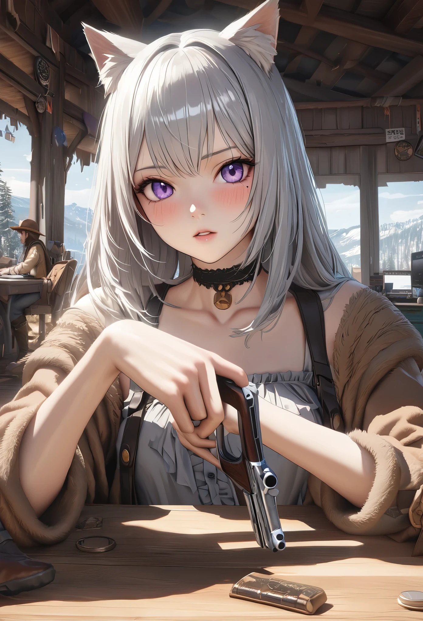 masterpiece,highest quality, Super detailed, High resolution, expensive resolution, HDR, 4k, 8K, unity 8k wallpaper, Super detailed CG, masterpiece, realistic, 2D, 3D, beautiful details, depth, fine texture , super fine: 1.3, Fully focused, Crispy.skin, .he,
Very cute anime girl 、Desolate wilderness、cowboy styleの衣装、cowboy hat、cowboy boots、hand gun、mexican wilderness、duel、hand gunを持って立っている、long silver hair wearing expensive , one girl、alone, long silver hair, animal ears, Cat ear, cowboy style、cowboy hat、hand gun、duel、cowboy boots、computer、disk、mole under the eye, looking at the viewer , expensive , blush, mole, Cat ear, parted lips, hair ornaments, heart, purple eyes, choker