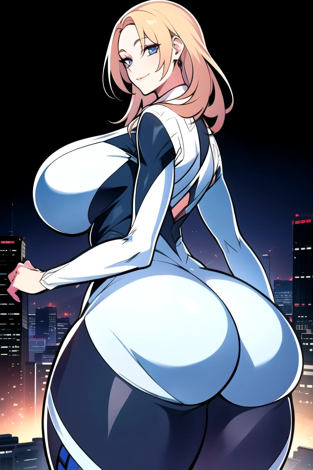 ultra realistic 8k cg, masterpiece, ((ultra detailed background,  intricate detail, highly detailed, fine details best quality, hyperdetailed face)), gigantic breasts ,beautiful lighting, absurdres, BoaHancockV2,  1girl, solo, blonde hair, long hair, jewelry, closed mouth, ), (Spider-gwen costume, curvy, shiny clothes), blue eyes, complex detailed background, outside, standing on top of buildings at night), ((cowboy shot)), curvy, (gigantic breasts: 1.1), seductive smile, cowboy shot, curvy ass, big butt, bubble butt, 