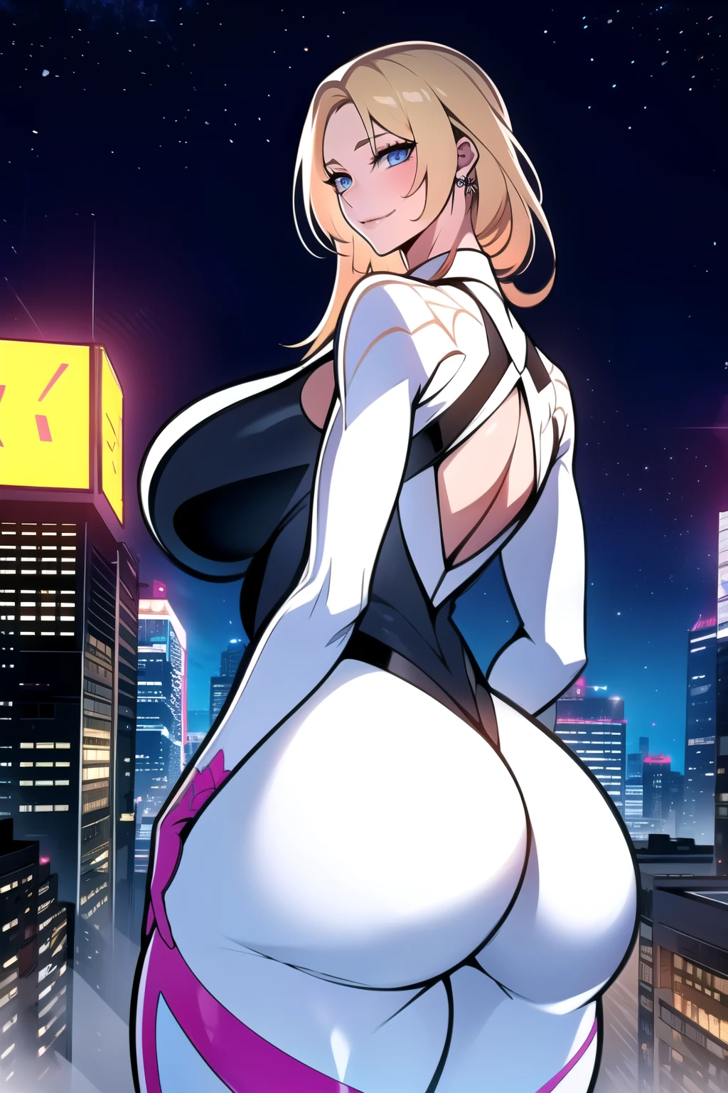 ultra realistic 8k cg, masterpiece, ((ultra detailed background, intricate detail, highly detailed, fine details best quality, hyperdetailed face)), gigantic breasts ,beautiful lighting, absurdres, BoaHancockV2, 1girl, solo, blonde hair, long hair, jewelry, closed mouth, ), (Spider-gwen costume, curvy, shiny clothes), blue eyes, complex detailed background, outside, standing on top of buildings at night), ((cowboy shot)), curvy, (gigantic breasts: 1.1), seductive smile, cowboy shot, curvy ass, big butt, bubble butt,