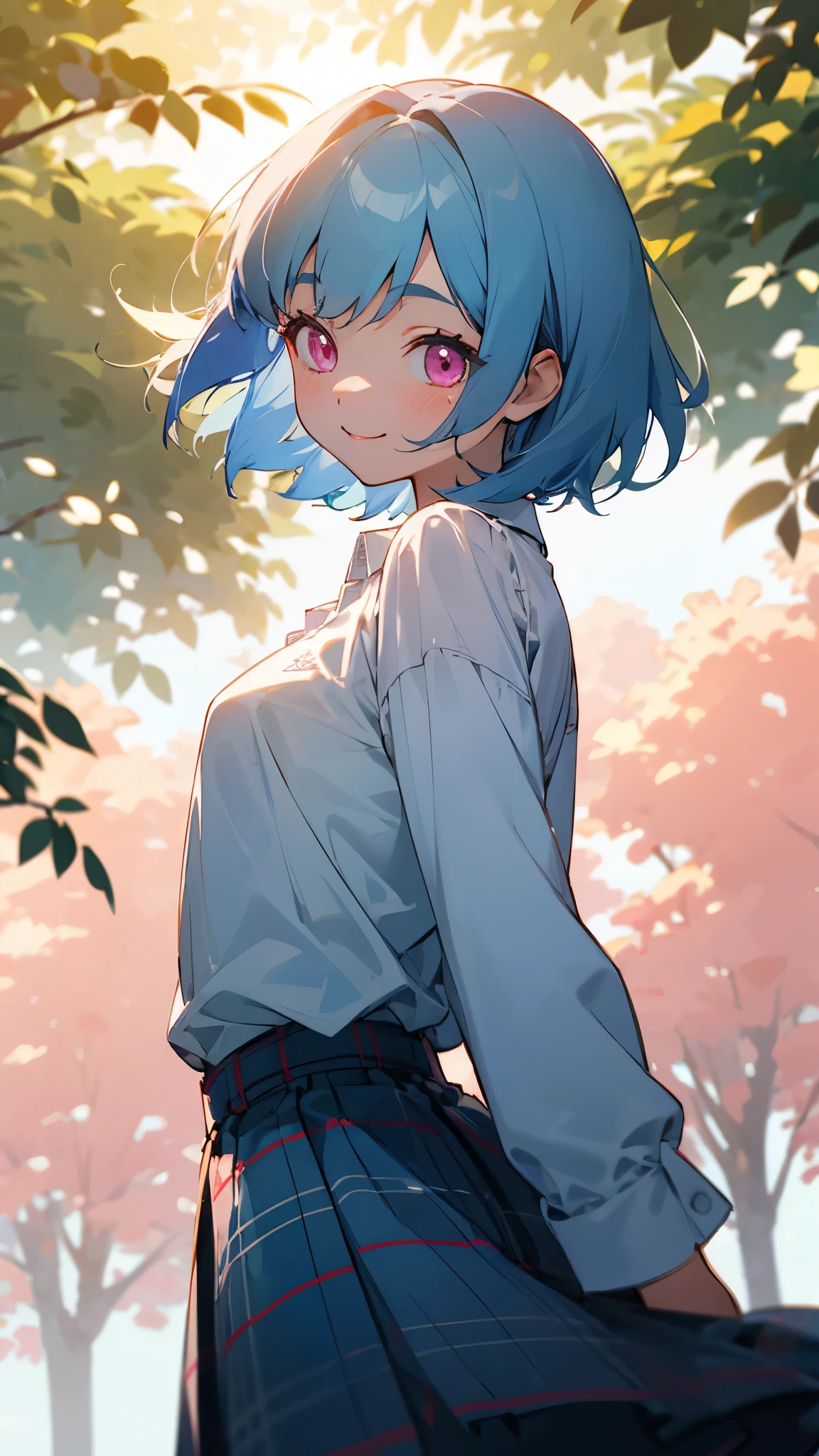 16 year old girl、light blue hair、pink eyes、smile、small breasts、from the back、white blouse shirt、plaid skirt、Under the bright light of the sunlight filtering through the trees、sharp outline、tomboy、boyish