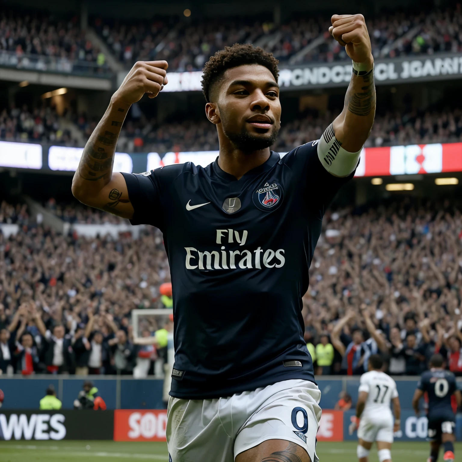 Football player from the Paris Saint Germain team scoring a goal and celebrating Gabigol