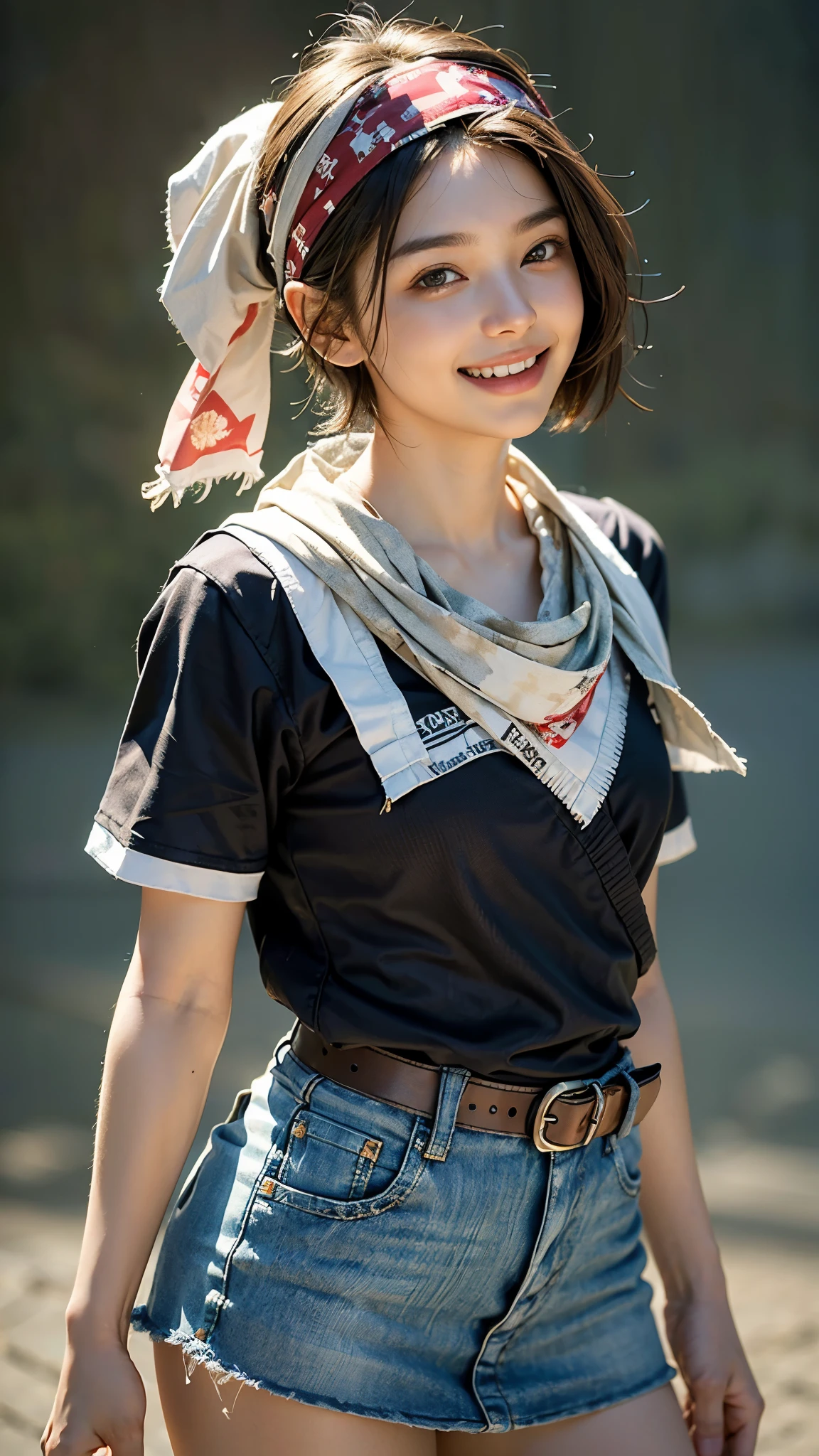 highest quality, masterpiece, ultra high resolution, (realistic:1.4), (portrait facing each other) Raw photo, 1 girl, 20-year-old,((miniskirt uniform)),((short hair)),((wrap a bandana on your head)),((looking up at the viewer)),realistic,((Simple solid color background)), picture media chest)),((toothy smile)),