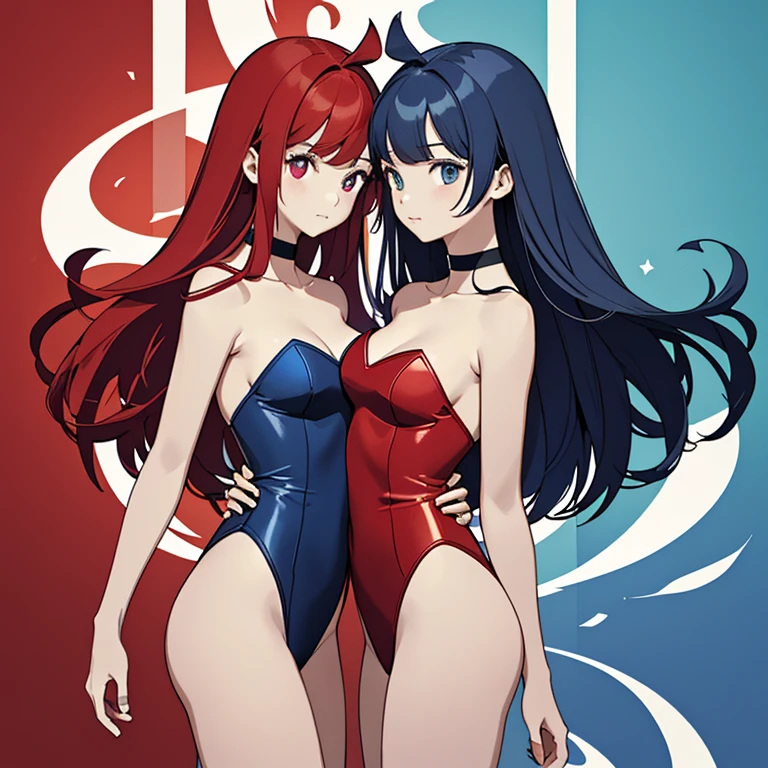 ((masterpiece、top-quality:1.5、a high chroma:1.5、ultra-detailliert、high-resolution illustrations:1.5、Ultra-high-definition CG、8k size wallpaper、offcial art))、(yuri),(2girls,twin sisters),(cute face:1.5)、(clear face:1.3),
(Blue-only color scheme:1.5), (red-only color scheme:1.5),(sexy body),(One only wears red, one only wears blue.),(strapless leotard),(long hair), ((medium breasts))、
,(yuri),()、(cowboy shot)、