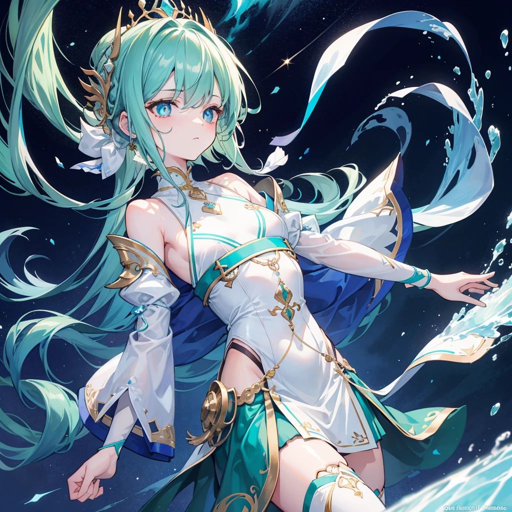 upper body, looking away, bottom less, haircut, flat style, longuette, girl, lowing long hair, hair pulled back, Smooth and radiant face, drunk, green pupils, small breast, iceblue left eye, white translucent silk hood, Garter, colorful Clothes, gravels, meteor, Ink dyeing, ultra detailed,