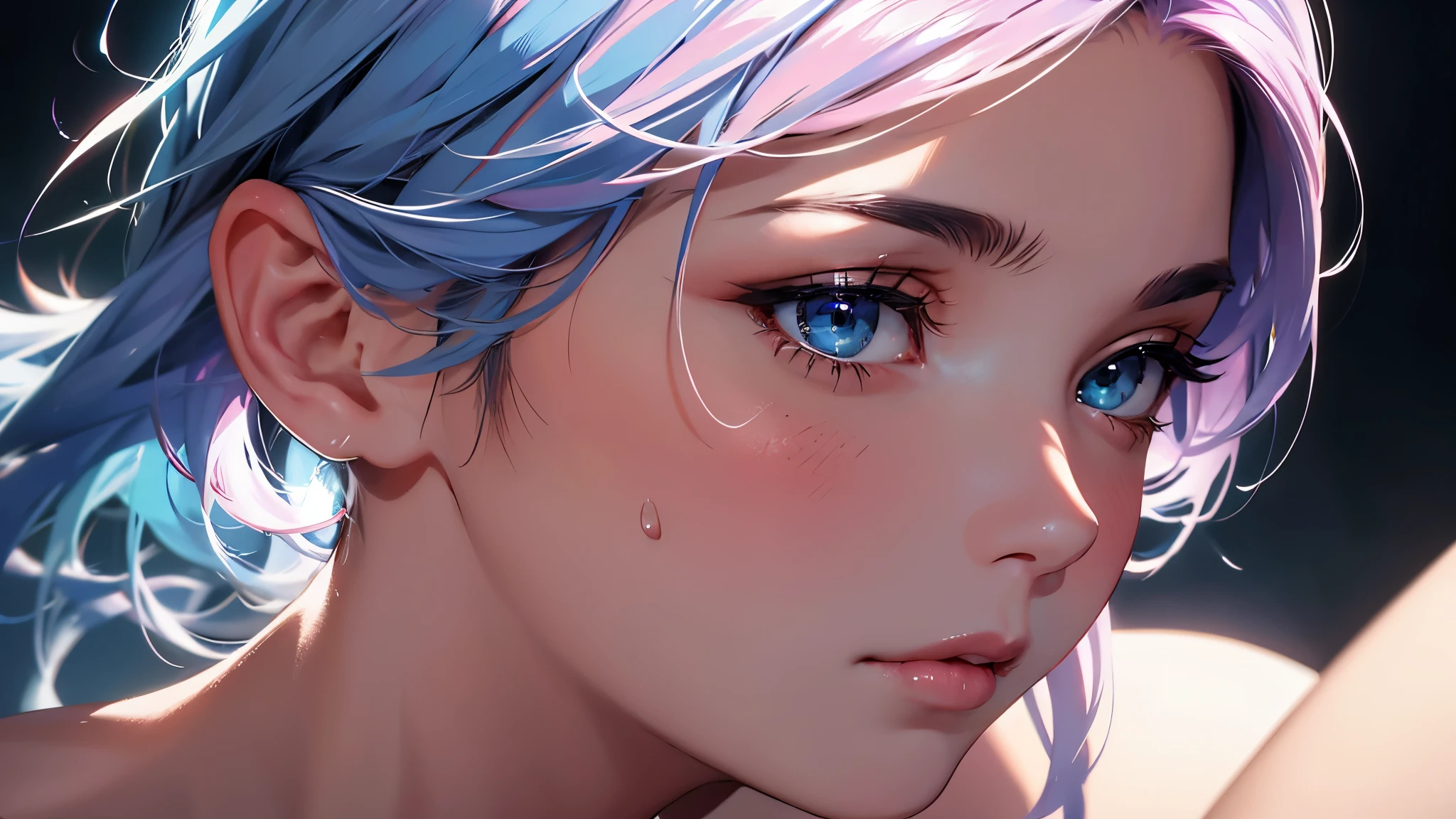 highly detailed, caustics, 8K, masterpiece, anatomically correct, award winning, highres, SFW, a woman, mature look, blue pink hair streaked blue hair, nude, full_Body, (perfect_Face), Best hair quality, Extra super detailed eyes, Detailed top eyelashes, Extra high facial detail, side_body, eye reflection, focus on eyes, high textured skin, close up, mad, dramatic lighting, lowexposure, (seems after doing something), (sweat), (tired), (heavy breathing), (light blush), (torogao), temptation