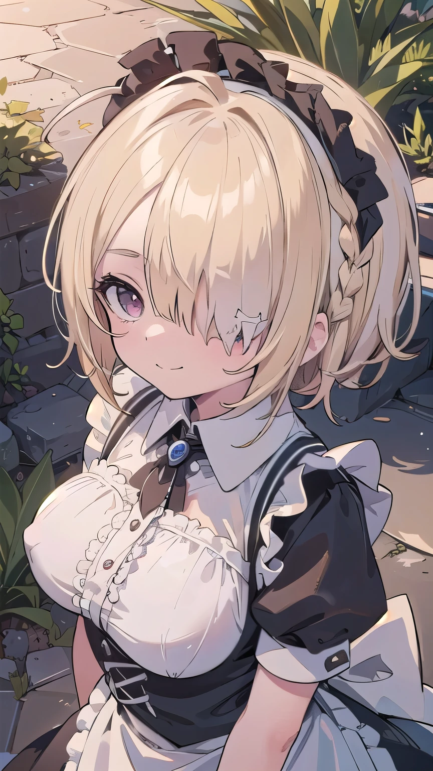 (masterpiece:1.2), (highest quality:1.2), perfect eyes, perfect face, perfect lighting, sunlight, outdoor, desert, 1 boy,blonde　red eye, ((((((hair over one eye)))))), Braid Styles, spiked hair, blunt bangs, bob hair, single braid, a braid, Ahoge, cute eyes,, (((gothic maid))), cute eyes, closed mouth, ((from above)), ((front)), ((smile)), spoken heart, big breasts, wariza 