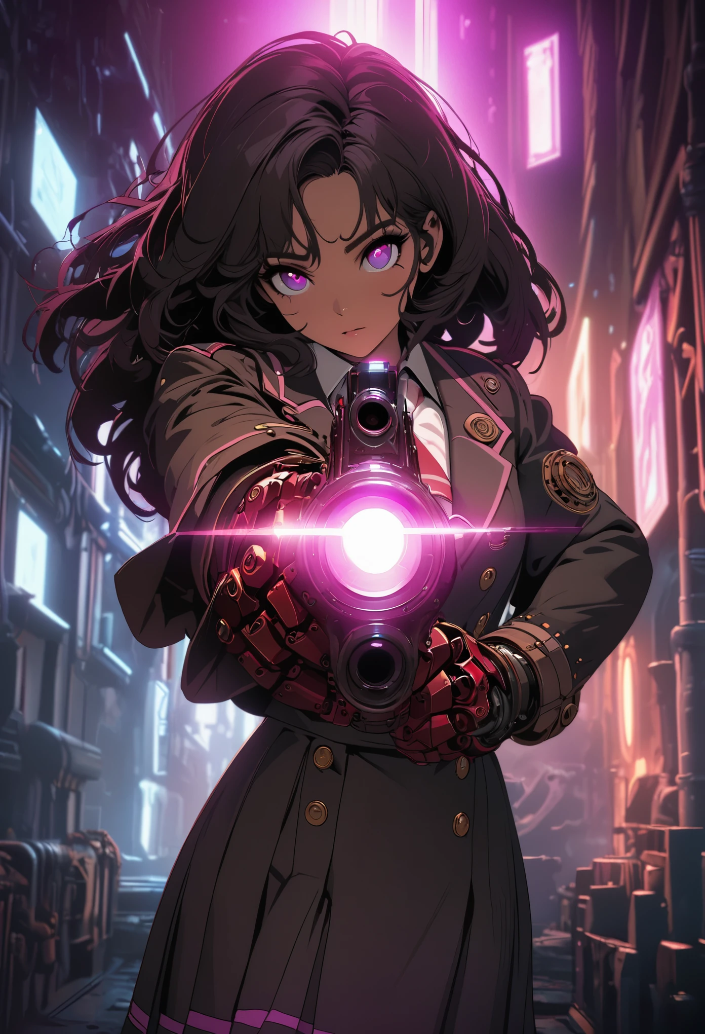 Steampunk style jk school uniform girl,Holding a huge mechanical hand cannon,There is a black blurry shadow standing behind me,Beautiful,Glowing special effects,celluloid style,Flat coating,HD,CG art,comics,8K,looking into camera,high quality,illustration,Vaporwave style,rim light,CG art,movie lighting,Super detailed,complex,OC renderer,cinematic perspective,high resolution,movie lighting,
