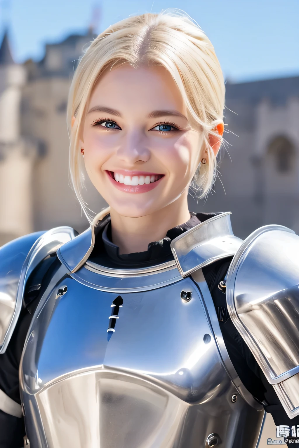 8K、highest quality、female knight、The background is a castle、Luxurious Silver Armor、heavy equipment、hairstyle shortcut、smile、beautiful teeth、full body photo、ear piercing、white woman、blonde、blue eyes、Gummy Smile