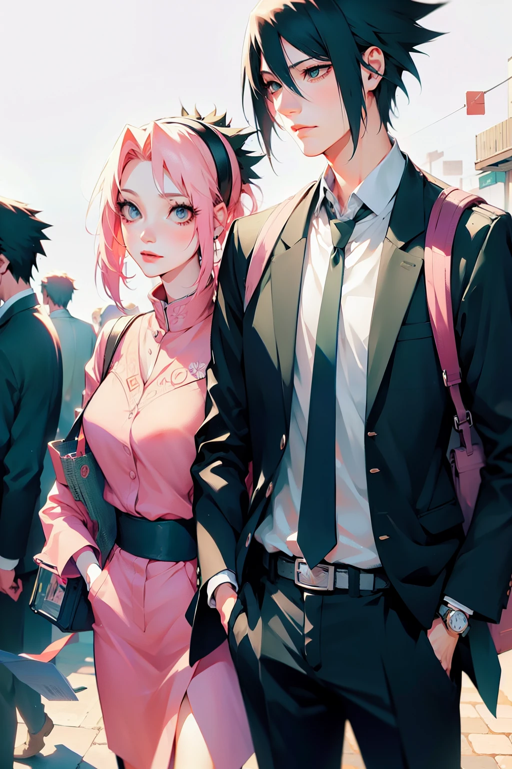 sasusaku. Sasuke Uchiha, a tall man with black hair and wearing a black suit, is a rich businessman with his hands in his pockets. Sakura, a thin woman with pink hair, short hair, secretary. are in the elevator. best quality, adorable, ultra-detailed, illustration, shadows, attraction. complex, detailed, extremely detailed, detailed face, soft light, soft focus, perfect face. In love, illustration. two people, couple, ART ILLUSTRATION