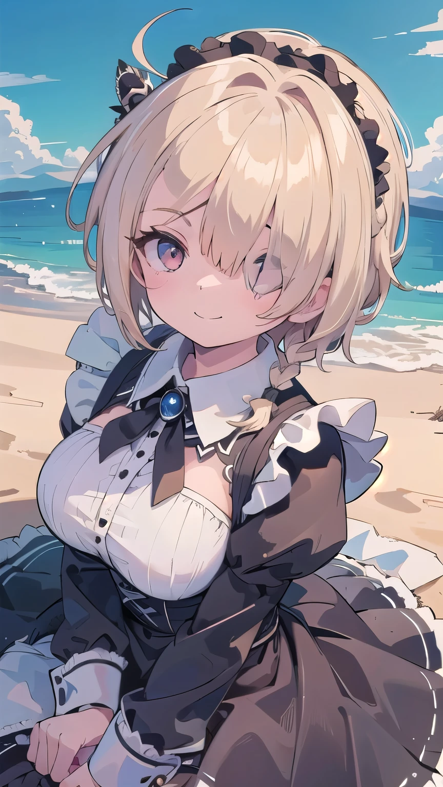 (masterpiece:1.2), (highest quality:1.2), perfect eyes, perfect face, perfect lighting, sunlight, outdoor, desert, 1 boy,blonde　red eye, ((((((hair over one eye)))))), Braid Styles, spiked hair, blunt bangs, bob hair, single braid, a braid, Ahoge, cute eyes,, (((gothic maid))), cute eyes, closed mouth, ((from above)), ((front)), ((smile)), spoken heart, nipple, abs, 