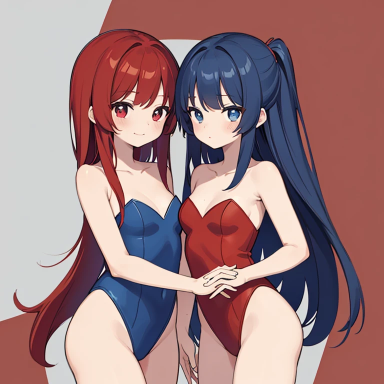 ((​masterpiece、top-quality:1.5、a high chroma:1.5、ultra-detailliert、high-resolution illustrations:1.5、Ultra-high-definition CG、8k size wallpaper、offcial art))、(yuri),(2girls,twin sisters),(cute face:1.5)、(clear face:1.3),
(Blue-only color scheme:1.5), (red-only color scheme:1.5),(sexy body),(One only wears red, one only wears blue.),(strapless leotard),(long hair), ((medium breasts))、
,(yuri),()、(cowboy shot)、