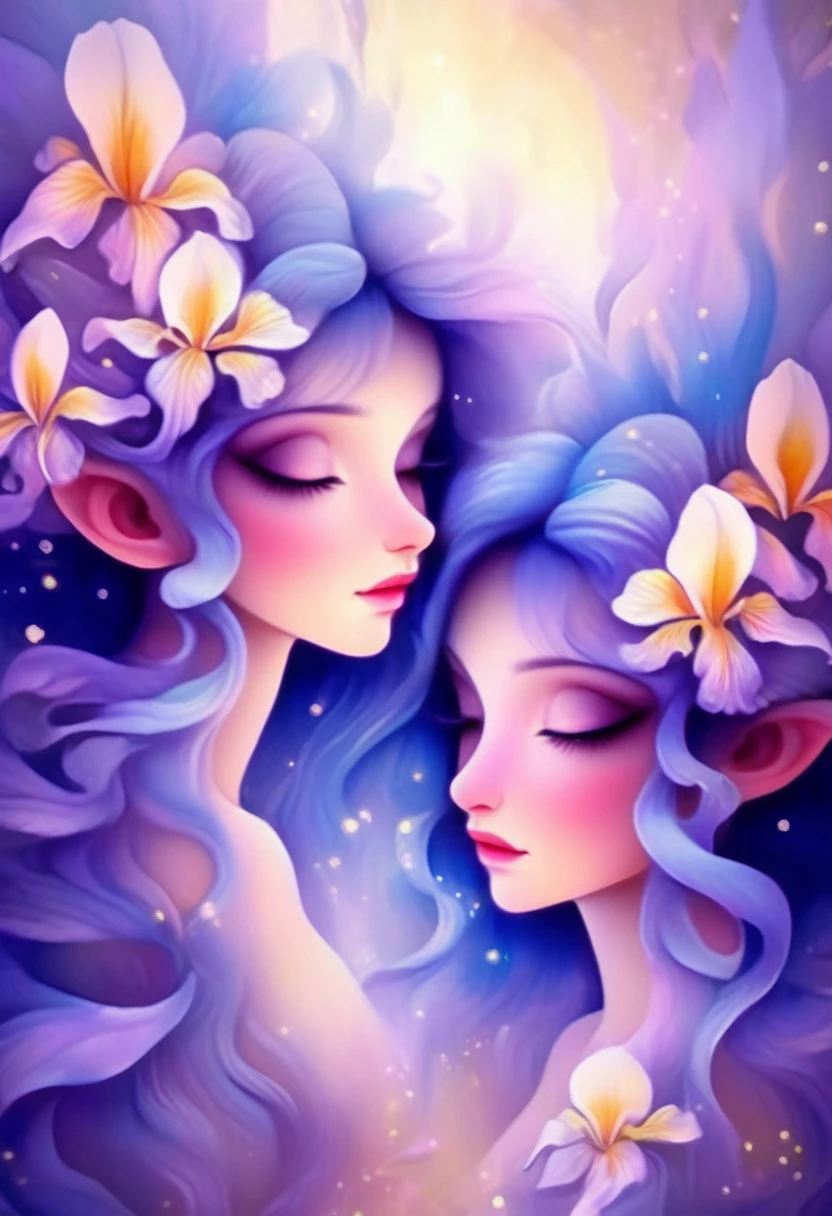 A painting of twin fairies facing each other with iris flowers in their long hair.., beautiful digital illustrations, Beautiful artwork illustration, amazing digital illustrations, beautiful digital artwork, Sound influenced by Anna Dittmann, amazing digital art, exquisite digital illustration, In the style of Anna Dittmann, beautiful digital art, beautiful amazing digital art, very beautiful digital art, beautiful fantasy art portrait
