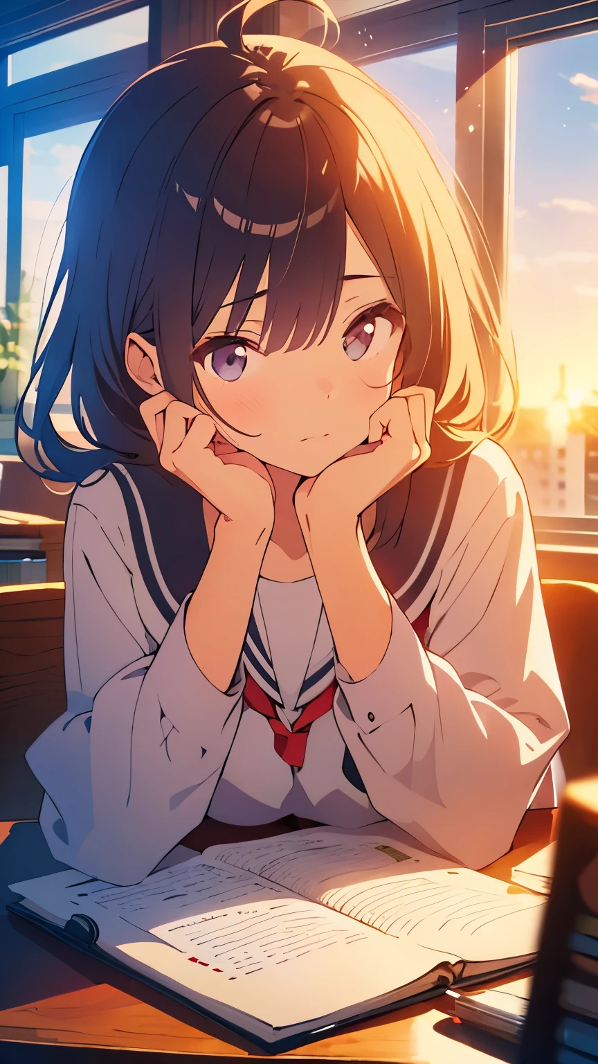 bangs, long hair, hair over eyes, pensive, side ponytail, anime style, UHD, masterpiece, textured skin, highres, best quality, A high school girl rests her chin on her desk while opening a notebook in the library, In the evening, the setting sun is shining through the window