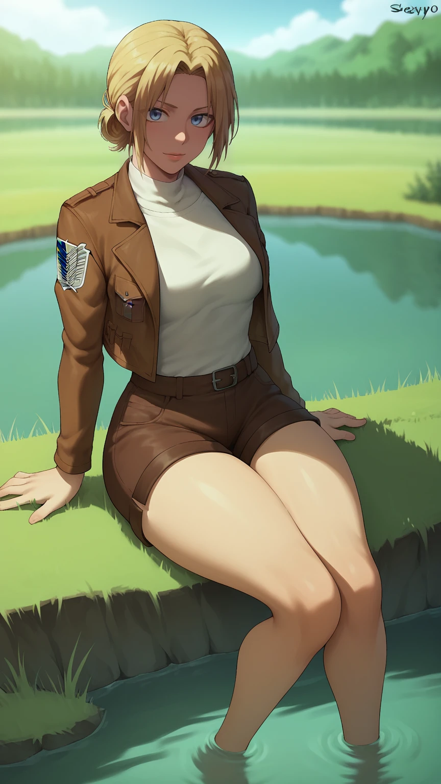 score_9,score_8_up,score_7_up, shexyo, shexyo style, attack on titan, annie leonhart, front view, thighs, thigh focus, leather shorts, white shirt, brown shorts, brown jacket, open jacket, outdoors, lake, grass, sitting on ground, sitting, nature, autumn, fall(season), by the lake, feet in lake, sexy, pond