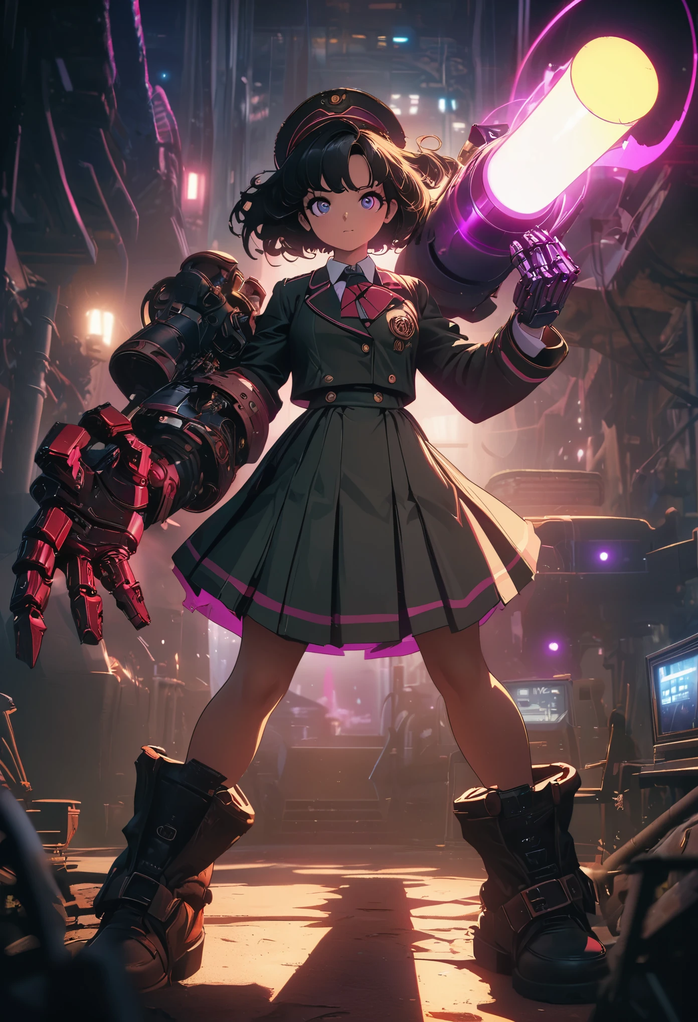 Steampunk style jk school uniform girl，Holding a huge mechanical hand cannon，There is a black blurry shadow standing behind me，Beautiful，Glowing special effects，celluloid style，Flat coating，HD，CG art，comics，8K，looking into camera，high quality，illustration，Vaporwave style，rim light，CG art，movie lighting，Super detailed，complex，OC renderer，cinematic perspective，high resolution，movie lighting， 