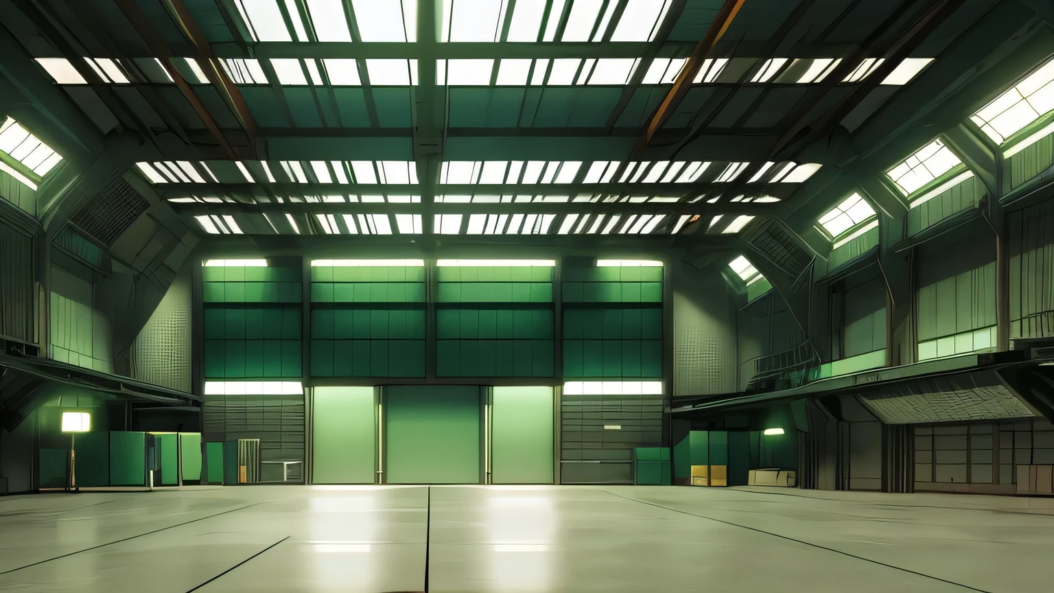 empty hangar, gundam, mech, brown, grey, grunge, green lights, retro anime style
