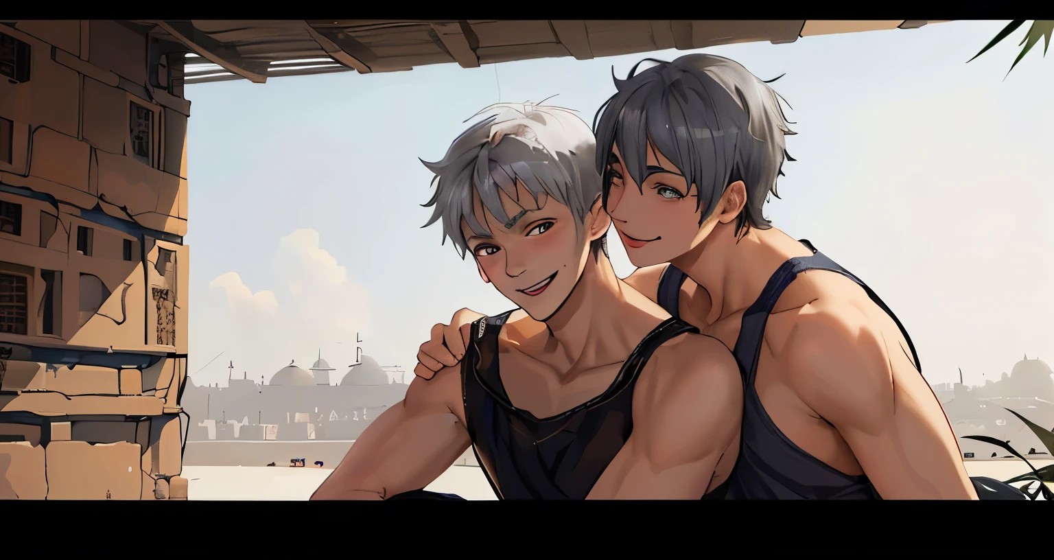 gray hair they are smiling in the background there is a beautiful arabic city