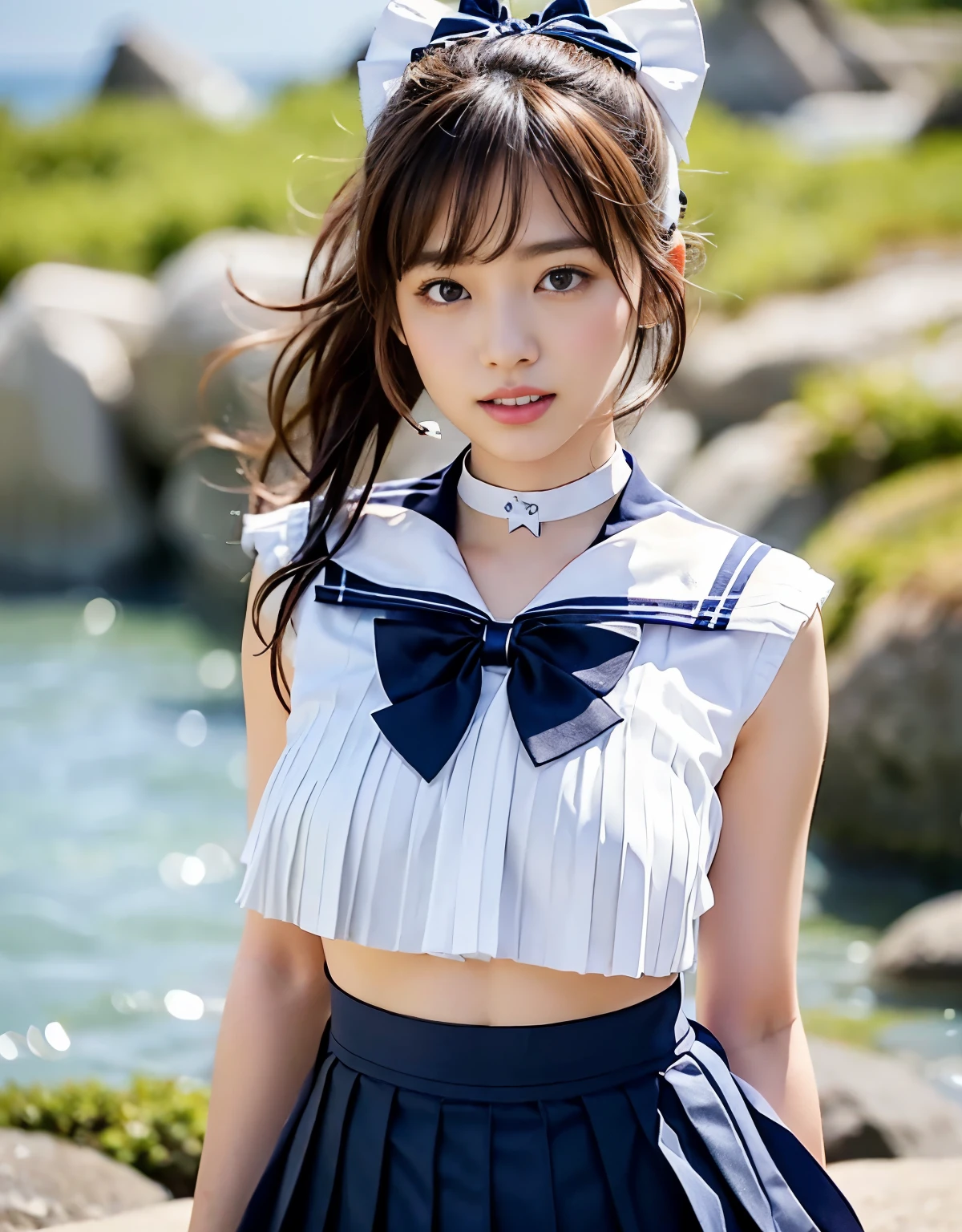 NSFW, 16k raw photos, highest quality, masterpiece, ultra high resolution, film grain, ((She is wearing (a high school sailor uniform).
(navy sailor collar:1.4),(white shirt:1.4),(navy pleats skirt:1.4),(navy bow:1.4))).film, 1 girl, look at the audience, Natural skin texture very heavy chest))),Realistic eye and face details, full lips, lipstick makeup), red eyeshadow, Fluffy ponytail hair, messy hair, A sloppy smile, beautiful legs, tall woman, skinny, slim_Legs, solo, huge breasts, cleavage, butt, shirt,, around the flower position, (detailed background,skimpy white shirt, huge breasts, cleavage, blurred background, plaid,, ((JK with a silver ribbon wrapped around her neck))),big JK ribbon, brown hair, bracelet, water, bangs, jewelry, parted lips,, Depth of bounds written、Underarm pussy、beautiful sea、water color striped pattern、beautiful sandy beach、