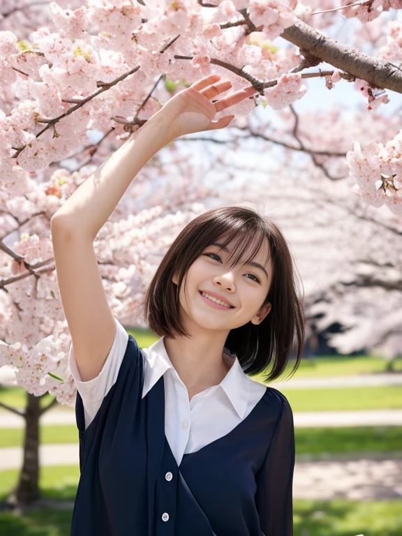 (Girl with small breasts and short hair in a collared blouse:1.5)、(The girl spreads her arms wide with a small smile、Let your hair fly in the wind :1.5)、(Rows of cherry blossom trees in full bloom and cherry blossom petals dancing in the wind:1.5)、(perfect anatomy:1.3)、(no mask:1.3)、(full finger:1.3)、(cleavage)、realistic、photo shoot、highest quality、High resolution, delicate and beautiful、perfect face、detailed and beautiful eyes、Fair skin、real human skin、pores、((thin legs))、(black hair)、((Low - Angle))、Blue sky