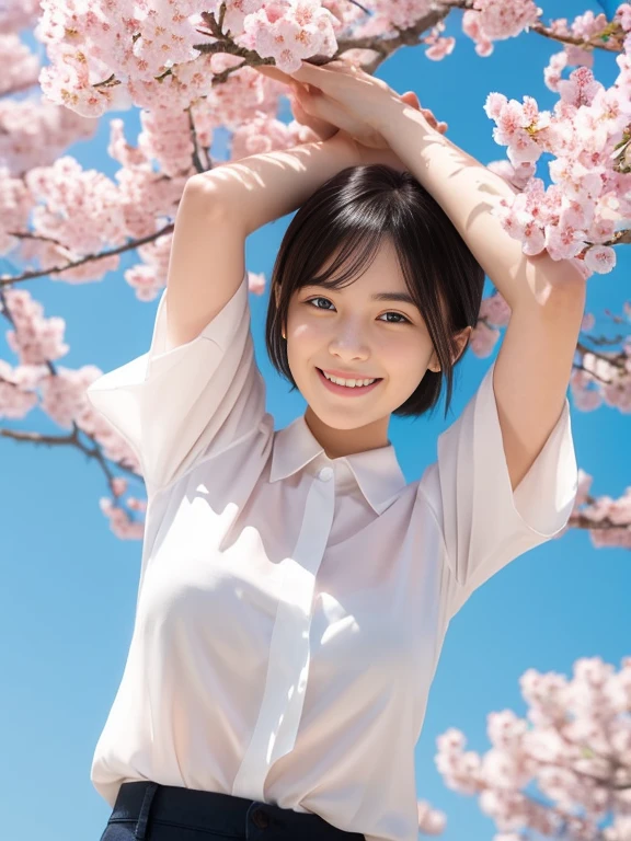 (Girl with small breasts and short hair in a collared blouse:1.5)、(The girl spreads her arms wide with a small smile、Let your hair fly in the wind :1.5)、(Rows of cherry blossom trees in full bloom and cherry blossom petals dancing in the wind:1.5)、(perfect anatomy:1.3)、(no mask:1.3)、(full finger:1.3)、(cleavage)、realistic、photo shoot、highest quality、High resolution, delicate and beautiful、perfect face、detailed and beautiful eyes、Fair skin、real human skin、pores、((thin legs))、(black hair)、((Low - Angle))、Blue sky