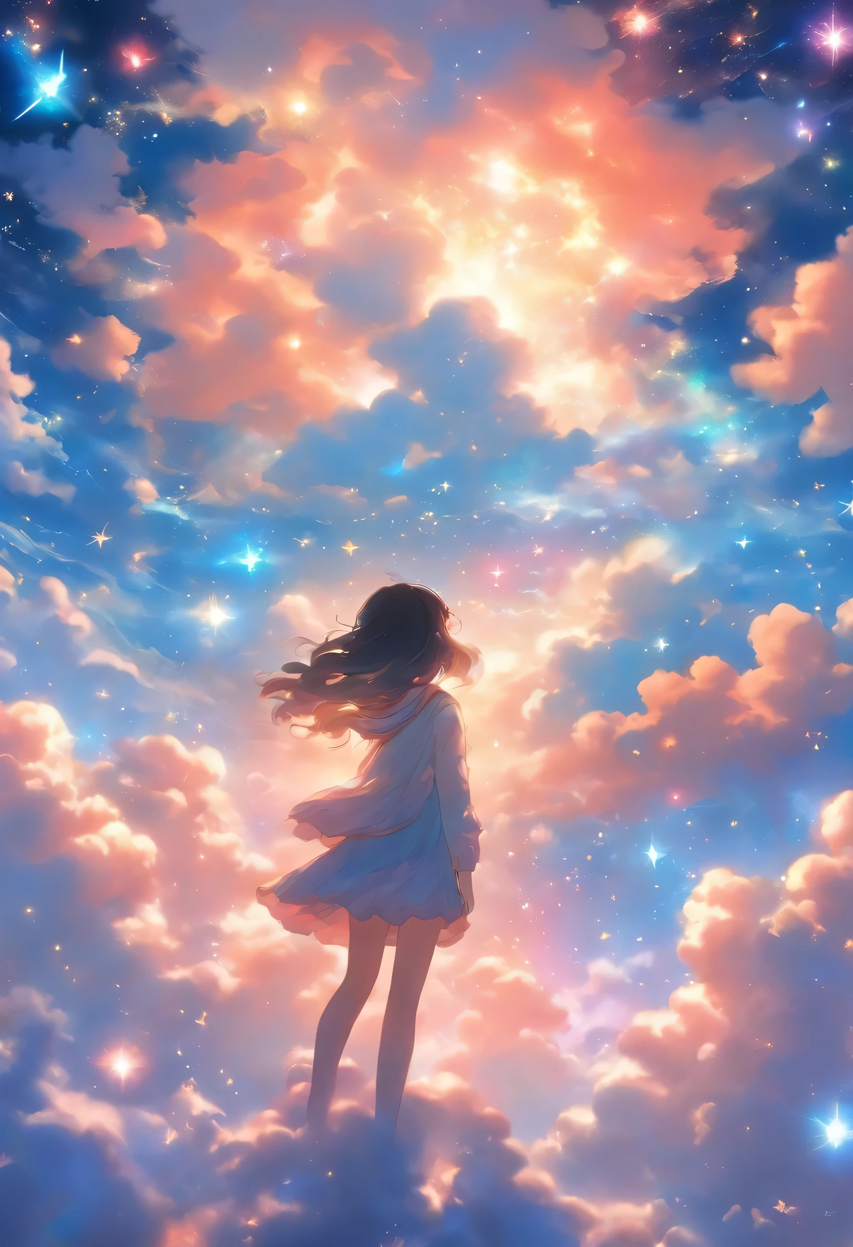 Enter a world of wonder and fantastic beauty, A place where reality and dreams intersect. Visualize an awe-inspiring sight - a breathtaking view of a sea of stars, Shining brightly above the fluffy clouds. In the foreground, young girl stands on a cloud。, Her silhouette against a celestial panorama. Break Describe the posture of the girl looking up at the vast expanse of twinkling stars, Capturing her sense of awe and respect. Explore the emotions evoked by the scene - surprising combinations, curiosity, And a deep connection with the vast universe. Consider the significance of this moment to the girl - is she contemplating her place in the universe?, In search of comfort and inspiration, or、Might embark on her own celestial journey? Break to create a short story、Evokes atmosphere, Using inspiring language、Emphasize the surreal and otherworldly nature of the scene. Explore the interplay of the tangible and the intangible - the solid clouds beneath her feet.、It contrasts with the endless stars in the sky.. The soft touch of the clouds、Consider incorporating sensory details。, The sound of distant celestial music, or the faint scent of stardust in the air.