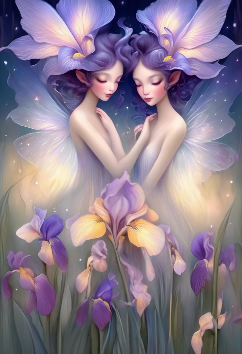 A painting of twin fairies facing each other with iris flowers in their long hair.., beautiful digital illustrations, Beautiful artwork illustration, amazing digital illustrations, beautiful digital artwork, Sound influenced by Anna Dittmann, amazing digital art, exquisite digital illustration, In the style of Anna Dittmann, beautiful digital art, beautiful amazing digital art, very beautiful digital art, beautiful fantasy art portrait
