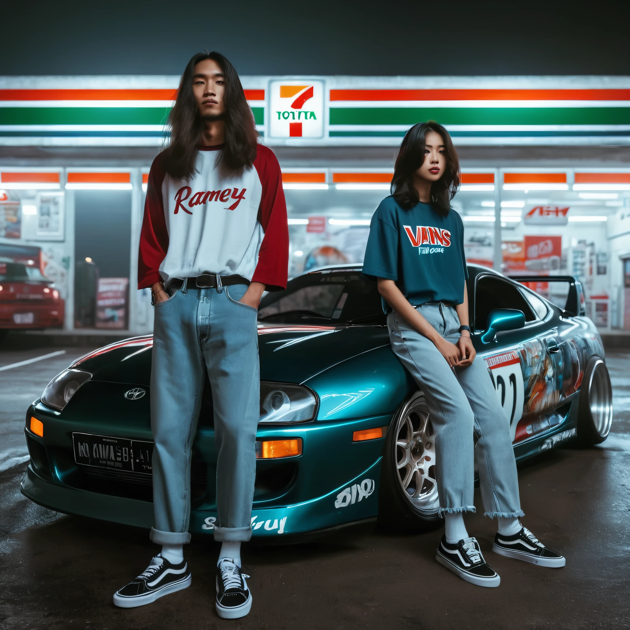 Create a full HD 8K high resolution, detailed no defect, full body photo a 24 year old Indonesian man with long straight hair, wearing a raglan t-shirt that says "RAMEY" and blue jeans, Vans shoes, standing next to a Toyota Supra MK4 modiffied drift style full vinyl car with a the girl 22 year old, the background of the seven eleven parking lot in the night vibes 
