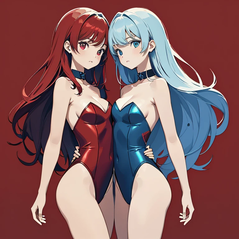 ((masterpiece、top-quality:1.5、a high chroma:1.5、ultra-detailliert、high-resolution illustrations:1.5、Ultra-high-definition CG、8k size wallpaper、offcial art))、(yuri),(2girls,twin sisters),(cute face:1.5)、(clear face:1.3),
(Blue-only color scheme:1.5), (red-only color scheme:1.5),(sexy body),(One only wears red, one only wears blue.),(strapless leotard),(long hair), ((medium breasts))、
,(yuri),()、(cowboy shot)、
