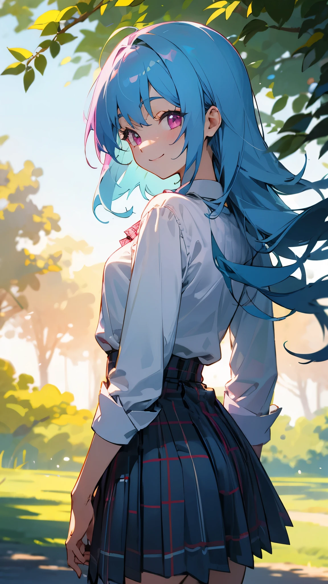 girl、light blue hair、pink eyes、smile、small breasts、from the back、white blouse shirt、plaid skirt、Under the bright light of the sunlight filtering through the trees、sharp outline