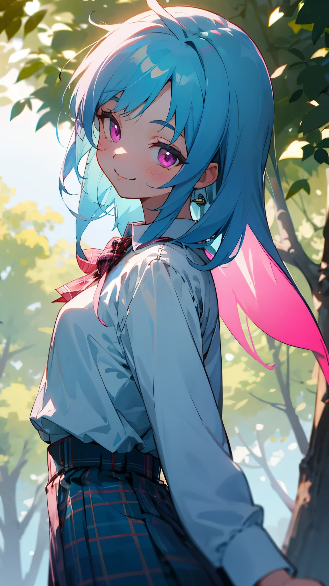 16 year old girl、light blue hair、pink eyes、smile、small breasts、from the back、white blouse shirt、plaid skirt、Under the bright light of the sunlight filtering through the trees、sharp outline