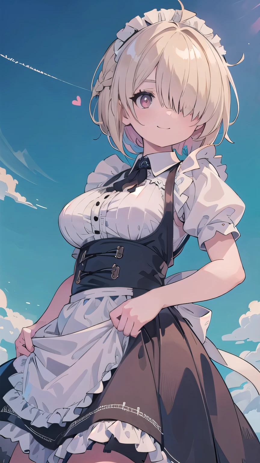 (masterpiece:1.2), (highest quality:1.2), perfect eyes, perfect face, perfect lighting, sunlight, outdoor, desert, 1 boy,blonde red eye, ((((((hair over one eye)))))), Braid Styles, spiked hair, blunt bangs, bob hair, single braid, a braid, Ahoge, cute eyes,, (((gothic maid))), cute eyes, closed mouth, ((from below)), ((front)), ((smile)), spoken heart, big breasts, wariza