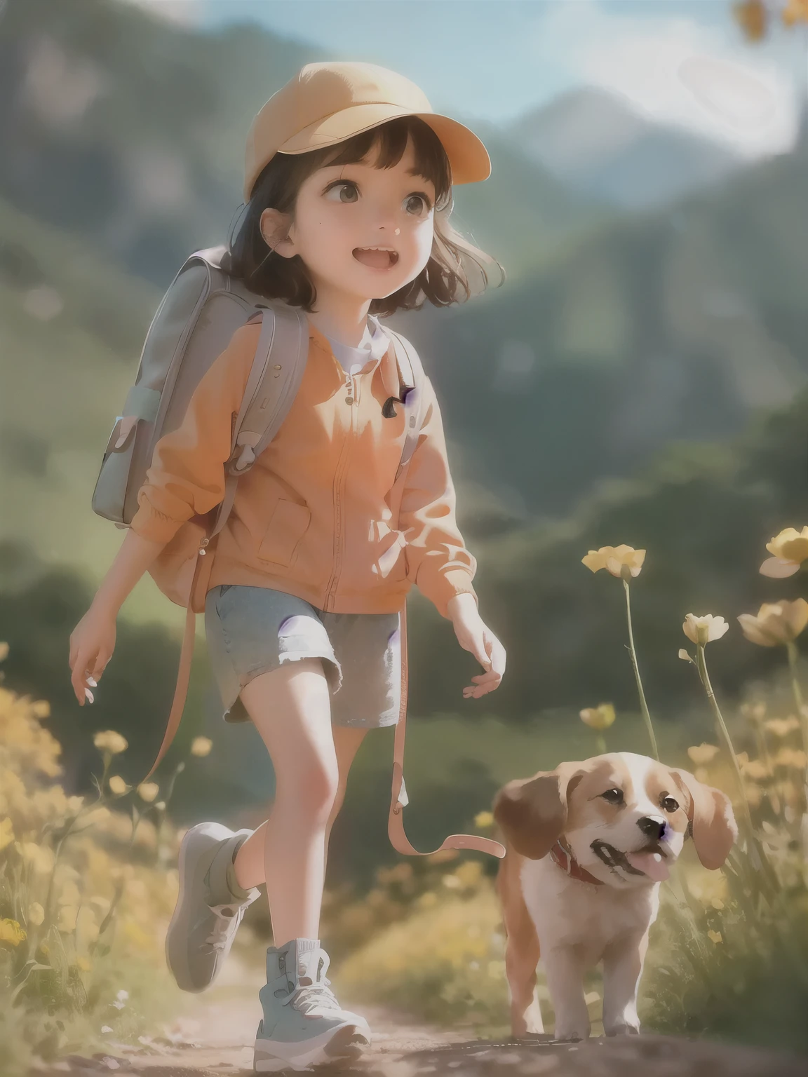 Prompt: An incredibly charming carrying a backpack, accompanied by her adorable puppy, enjoying a lovely spring outing surrounded by beautiful yellow flowers and natural scenery. The illustration is in high definition at 4k resolution, with highly-detailed facial features and cartoon-style visuals.