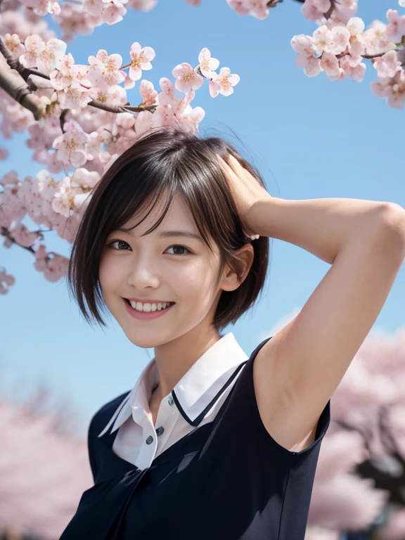 (Girl with small breasts and short hair in a collared blouse:1.5)、(The girl spreads her arms wide with a small smile、Let your hair fly in the wind :1.5)、(Rows of cherry blossom trees in full bloom and cherry blossom petals dancing in the wind:1.5)、(perfect anatomy:1.3)、(no mask:1.3)、(full finger:1.3)、(cleavage)、realistic、photo shoot、highest quality、High resolution, delicate and beautiful、perfect face、detailed and beautiful eyes、Fair skin、real human skin、pores、((thin legs))、(black hair)、((Low - Angle))、Blue sky