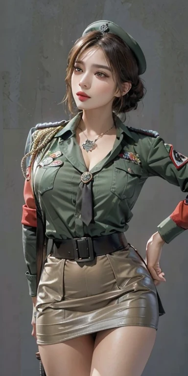 realistic, High resolution, soft light,1 female, alone, hip up, (detailed face),tattoo, jewelry, badge, tie, German/(uniform/), pencil skirt