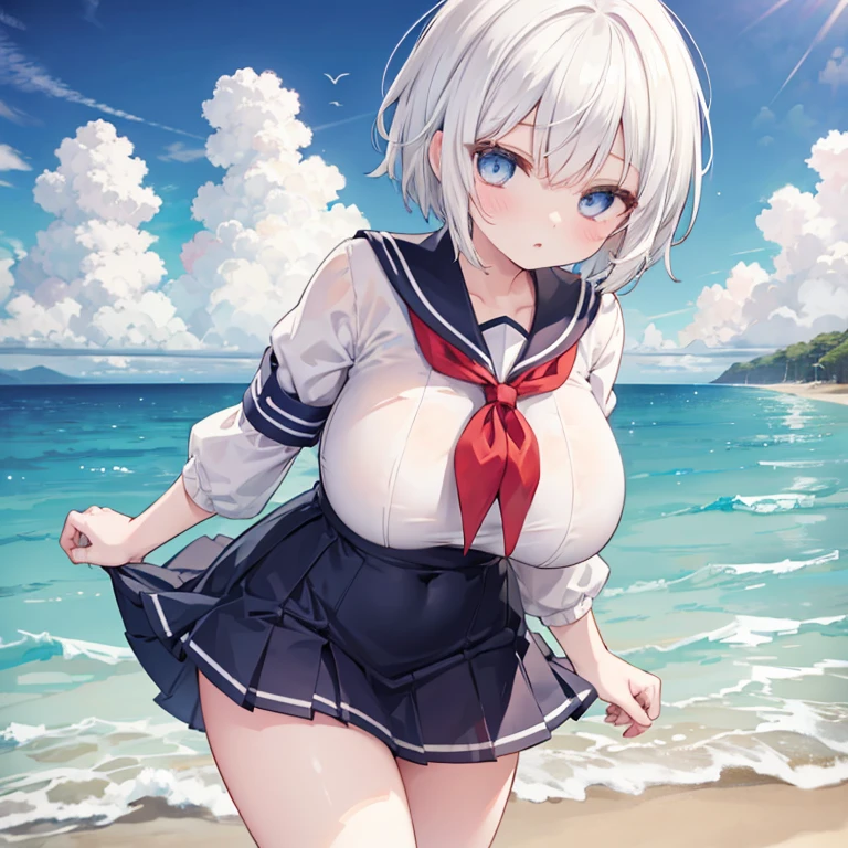 1girl, white hair, short hair, blue eyes, huge breasts, sailor suit, short skirt, expressionless, beach