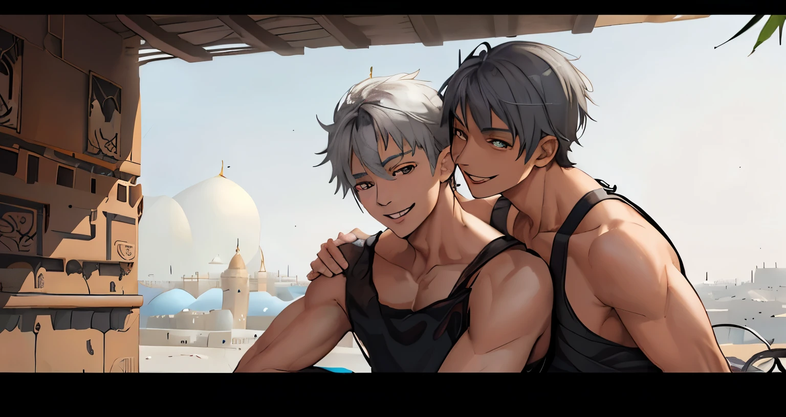 gray hair 16 years old they are smiling in the background there is a beautiful arabic city 