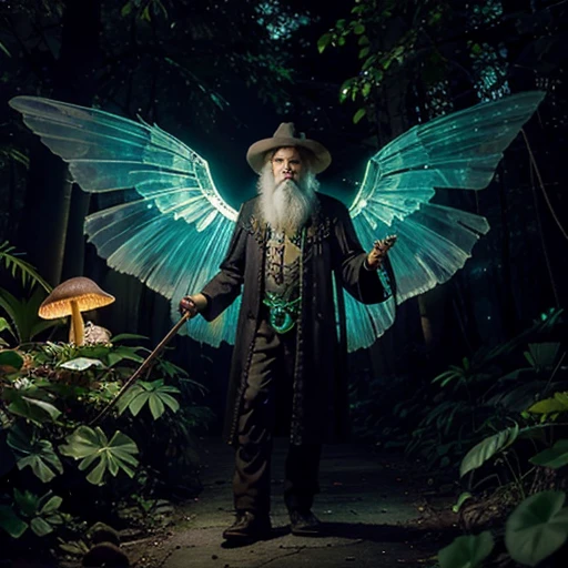 humanoid winged wizard with large bioluminescent wings, in the bright mushroom forest at sunset looks old man with staff with a green jewel