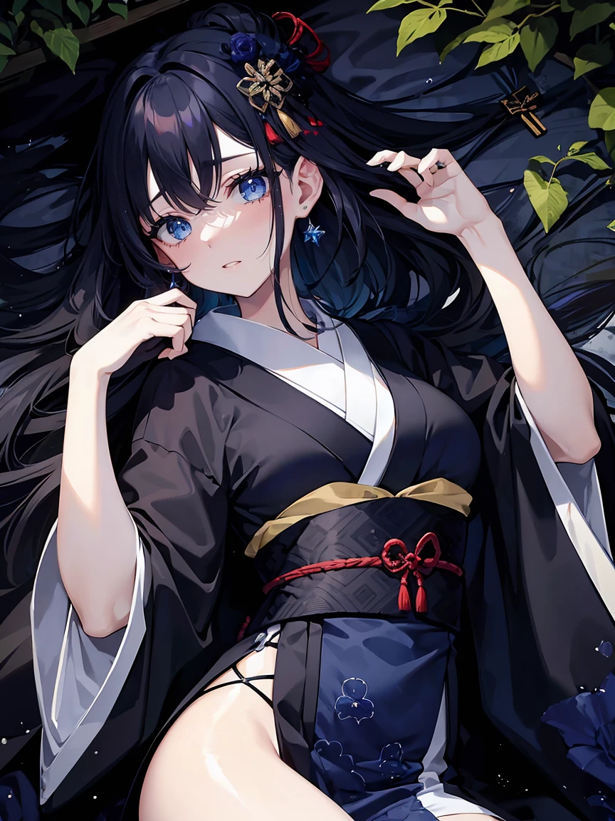 (masterpiece,highest quality,Super detailed),1 girl, Black and navy blue hair,Beautiful and dense face, fine eyes,looking at the viewer, face of great sadness,(scream),open mouth,(large tears),（tears are falling,1,2),kneeling on the ground,Stretch your right hand out wide and open your palm.,blue eyes,((gray theme),pale skin,japanese kimono, shining eyes,((night)),dark environment, (((fresco,fresh picture))),in the forest,
