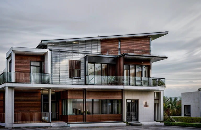 miami style house in california, glass house with a sloping roof, (parking, super car: 1.2), modern mansion, (RAW photo, real, best quality, masterpiece), perfect lighting, archdaily, day-time