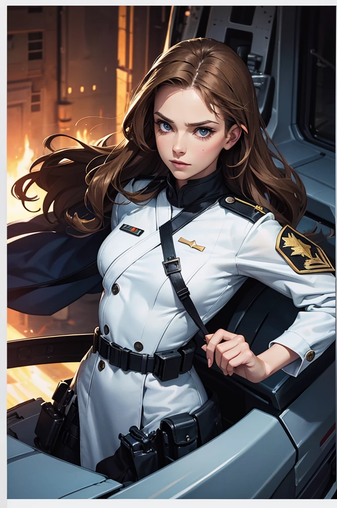 realistic,polite dress,(Fighter Action War Movie Poster),(Foundation Film Reference: 1.8),realistic,Air Force general uniform,(realistic face resolution),movie pose,adult,skinny,big,A long-haired dark blonde woman,serious face,SF,SF,Various support characters