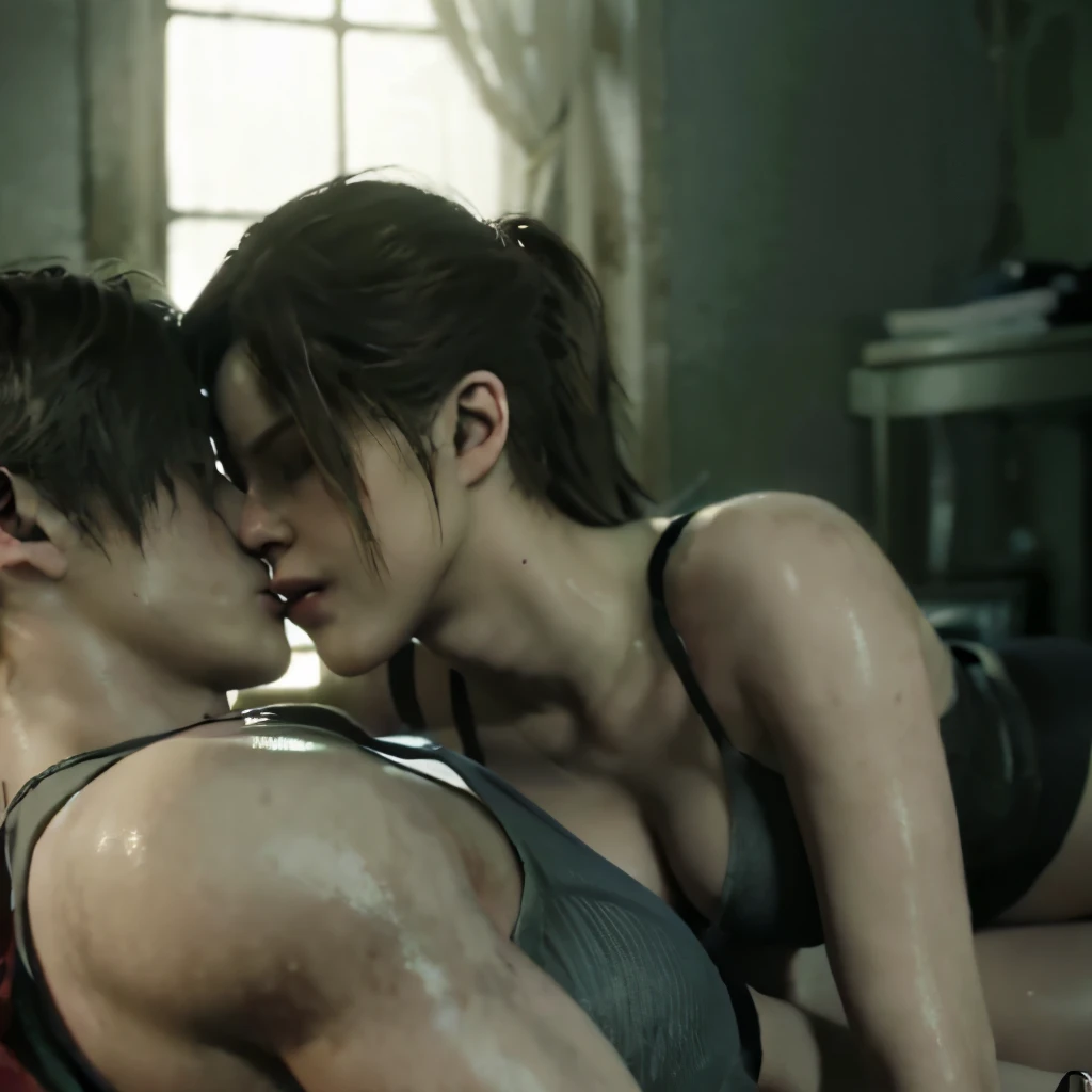 Claire Redfield and Leon Scott Kennedy, RE2, sexy pose, kiss him, Claire wears white bra, ass