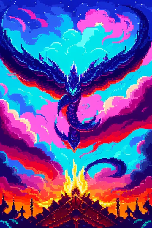 (a SNES 16 bit style of the azure dragon), pixel art, vibrant colors, detailed pixels, retro gaming, mystical atmosphere, majestic creature, dynamic pose, intricate scales, flowing long vibrant hair, glowing fiery eyes, dragon soaring through the sky, clouds in the background, heavenly glow, vibrant blue and green hues, epic pixelated battle scene, fantastic landscapes, nostalgic video game aesthetics.