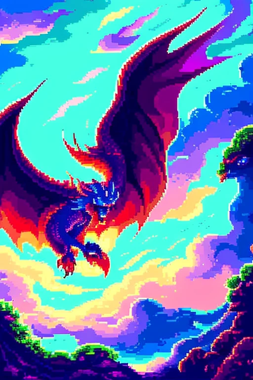 (a SNES 16 bit style of the azure dragon), pixel art, vibrant colors, detailed pixels, retro gaming, mystical atmosphere, majestic creature, dynamic pose, intricate scales, flowing long vibrant hair, glowing fiery eyes, dragon soaring through the sky, clouds in the background, heavenly glow, vibrant blue and green hues, epic pixelated battle scene, fantastic landscapes, nostalgic video game aesthetics.