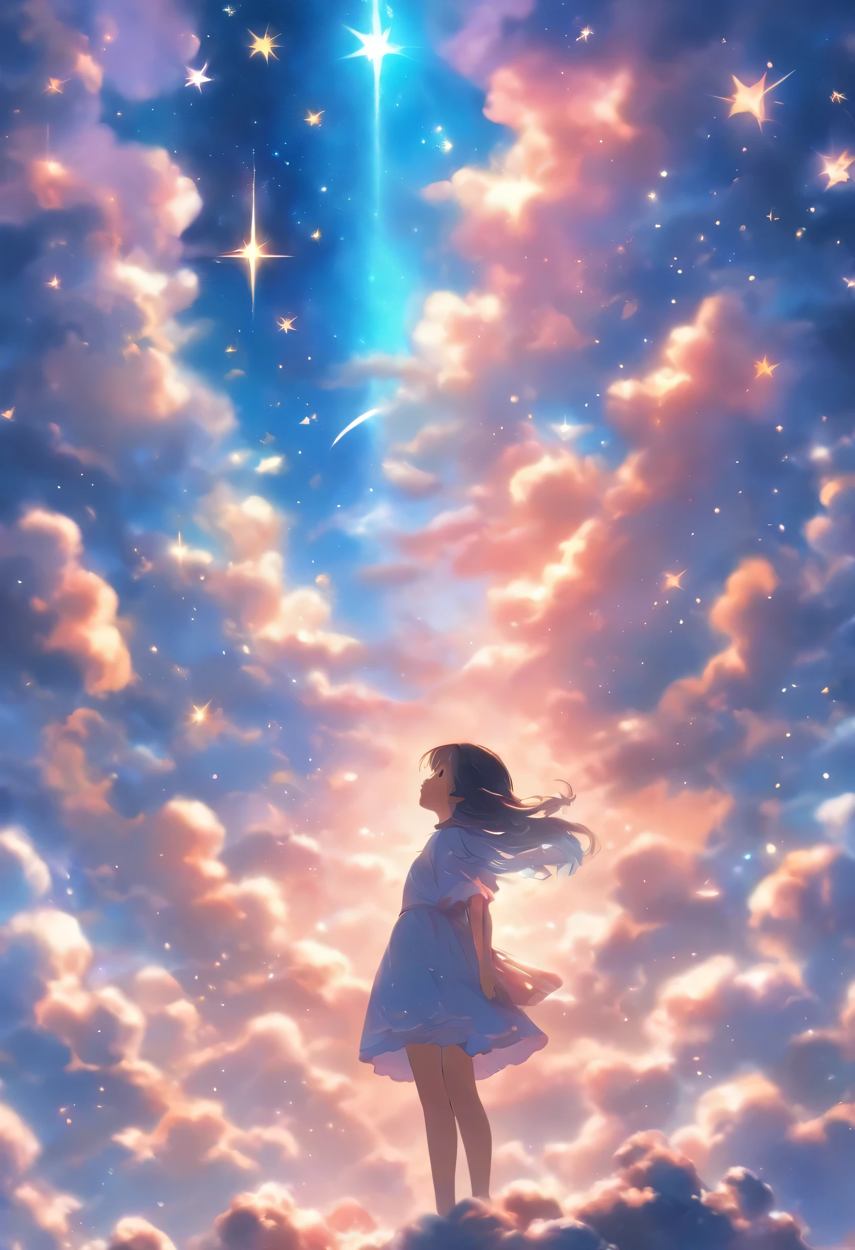 Enter a world of wonder and fantastic beauty, A place where reality and dreams intersect. Visualize an awe-inspiring sight - a breathtaking view of a sea of stars, Shining brightly above the fluffy clouds. In the foreground, young girl stands on a cloud。, Her silhouette against a celestial panorama. Break Describe the posture of the girl looking up at the vast expanse of twinkling stars, Capturing her sense of awe and respect. Explore the emotions evoked by the scene - surprising combinations, curiosity, And a deep connection with the vast universe. Consider the significance of this moment to the girl - is she contemplating her place in the universe?, In search of comfort and inspiration, or、Might embark on her own celestial journey? Break to create a short story、Evokes atmosphere, Using inspiring language、Emphasize the surreal and otherworldly nature of the scene. Explore the interplay of the tangible and the intangible - the solid clouds beneath her feet.、It contrasts with the endless stars in the sky.. The soft touch of the clouds、Consider incorporating sensory details。, The sound of distant celestial music, or the faint scent of stardust in the air.