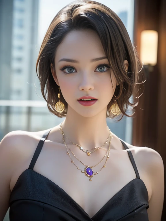 (best quality, 8k, highres, photorealistic:2.0), (solo, one girl:2.0),(pin up girl:1.5),(photo taken using flash:1.9),(brighten the subject:1.8),(Photographed at night in a luxury hotel bedroom:2.0),(Chubby body girl:1.5),(shiny skin:1.5),(oily skin:1.5),(blonde woman:1.8),(long hair:1.5),(ultimate beautiful girl),(cool beauty girl:1.5),(fat body girl),(plump woman:1.5),(Kind hearted woman),(very kind lady),(caring woman),(attentive woman),(very elegant woman:1.3),Blush brown makeup , dark eye makeup ,pink lipstick,(big beady eyes girl:1.3),(droopy-eyes woman:1.3),(blue eyes girl),(intense sex appeal:1.5),(expensive necklace:1.5),(prostitute girl),(amazing orgasm ecstasy),(She makes a sexy bold pose),(carnal women:1.5),chuuChloe,(she is very skilled in sex),(she has a very happy expression on her face:1.5),(Brightly light the subject's face)