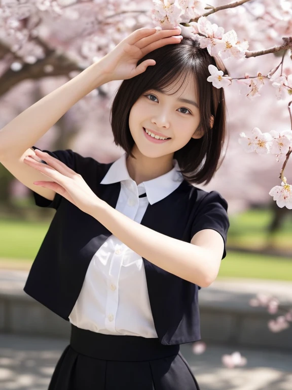 (Girl with small breasts and short hair in a collared blouse:1.5)、(The girl spreads her arms wide with a small smile、Let your hair fly in the wind :1.5)、(Rows of cherry blossom trees in full bloom and cherry blossom petals dancing in the wind:1.5)、(perfect anatomy:1.3)、(no mask:1.3)、(full finger:1.3)、(cleavage)、realistic、photo shoot、highest quality、High resolution, delicate and beautiful、perfect face、detailed and beautiful eyes、Fair skin、real human skin、pores、((thin legs))、(black hair)、((Low - Angle))、Blue sky