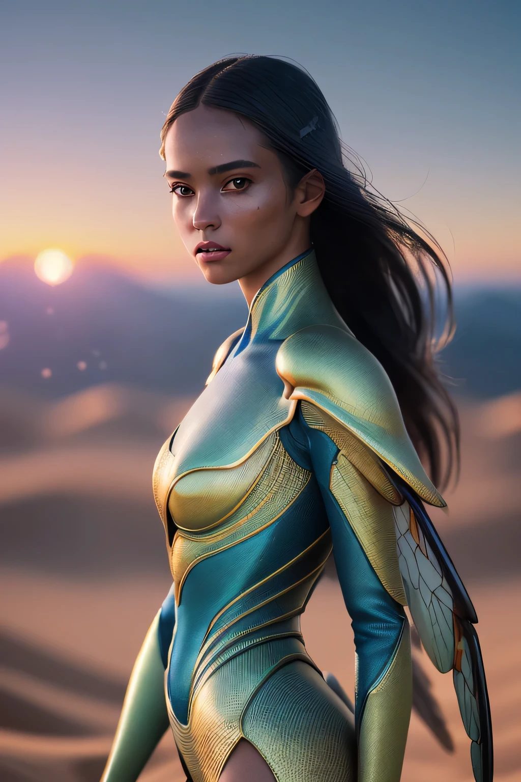 (masterpiece), (very complicated:1.3), (realistic), girl portrait, the most beautiful in the world, (insect-like wings), scale powder reflection, fashion model posing, outdoor, intense sunlight, distant dune, Stunning female professional photo details, sharp focus, dramatic, Award history, cinematic lighting, Octane Rendering Unreal Engine, volumetrics dtx, (film grain, blurred background, blurred foreground, Bokeh, Depth of the bounds written, sunset, motion blur:1.3), thin blue clothing