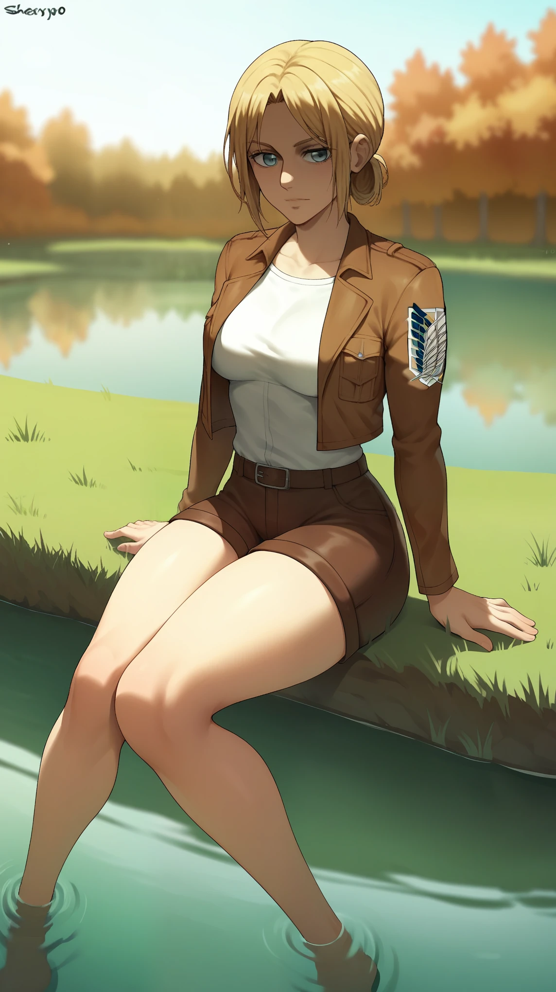 score_9,score_8_up,score_7_up, shexyo, shexyo style, attack on titan, annie leonhart, front view, thighs, thigh focus, leather shorts, white shirt, brown shorts, brown jacket, open jacket, outdoors, lake, grass, sitting on ground, sitting, nature, autumn, fall(season), by the lake, feet in lake, sexy, pond